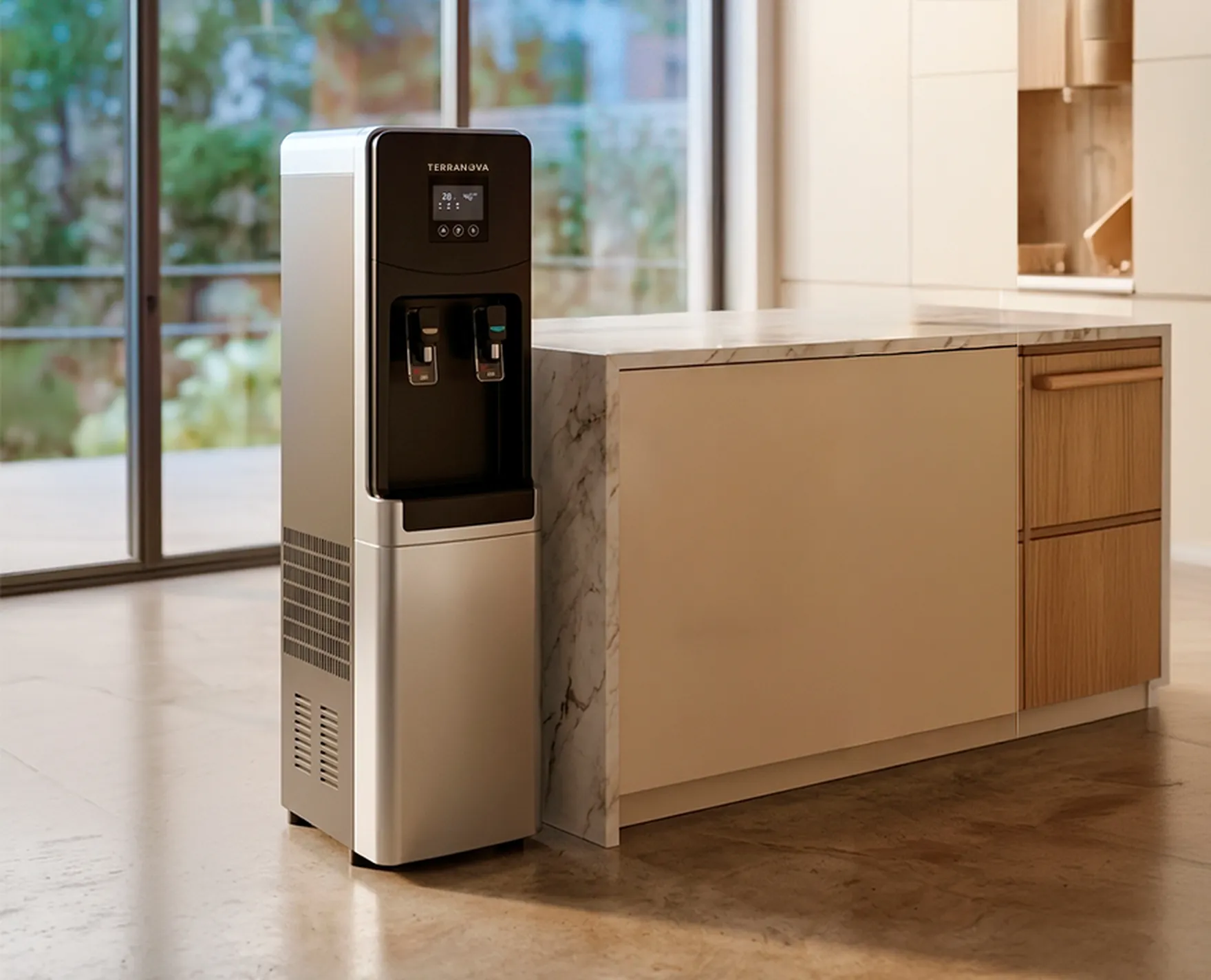 AquaNova 20XL en una cocina moderna con isla central y ventanal