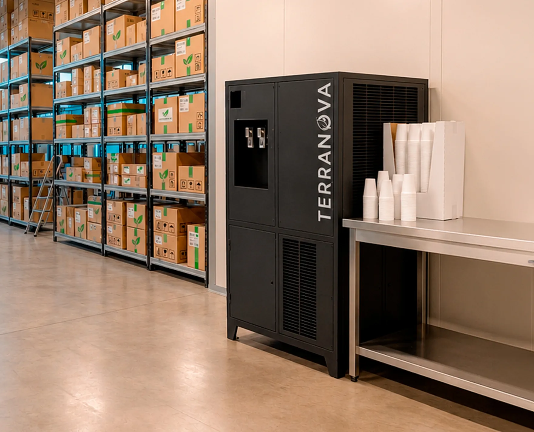 AquaNova 250L en un almacén, junto a estanterías con mercadería