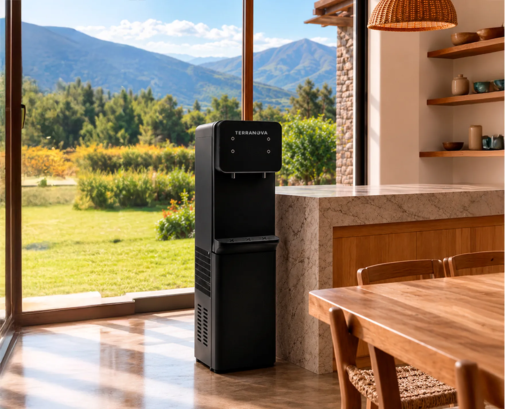 Dispensador AquaNova 30L junto a una mesa de madera, con ventanal a un jardín y montañas