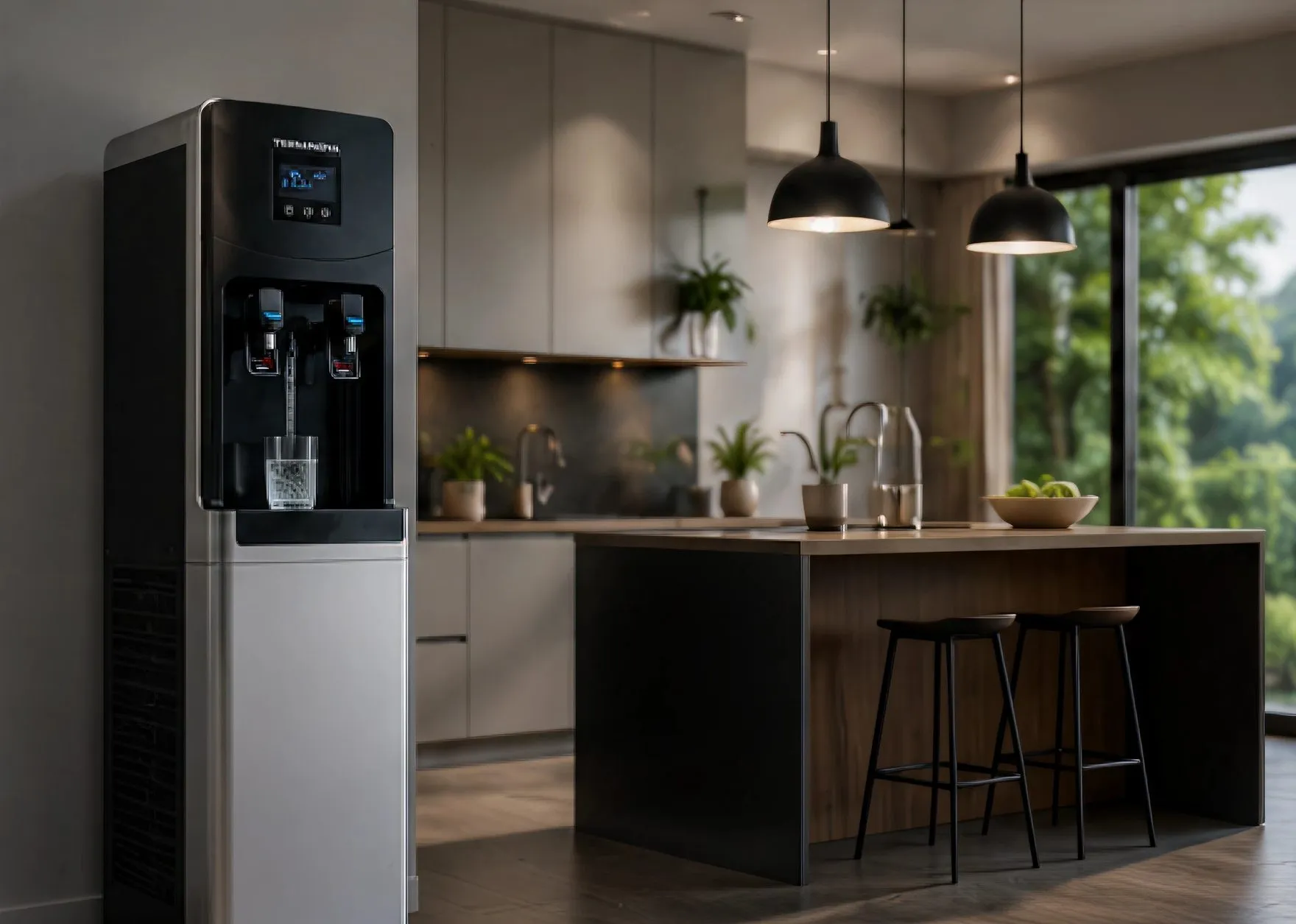 Cocina con isla central y luces colgantes ambientada con un sistema Aqua de TerraNova