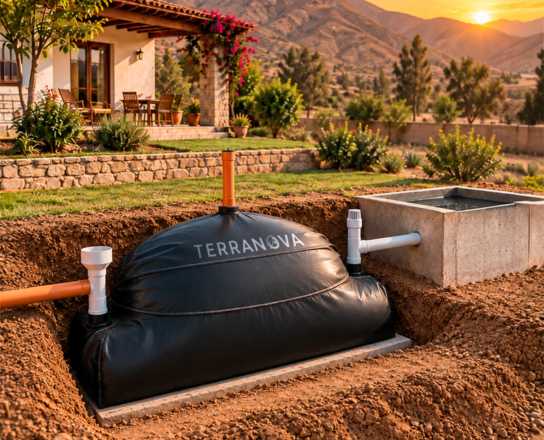 Biodigestor flexible semienterrado de TerraNova en un jardín, al atardecer