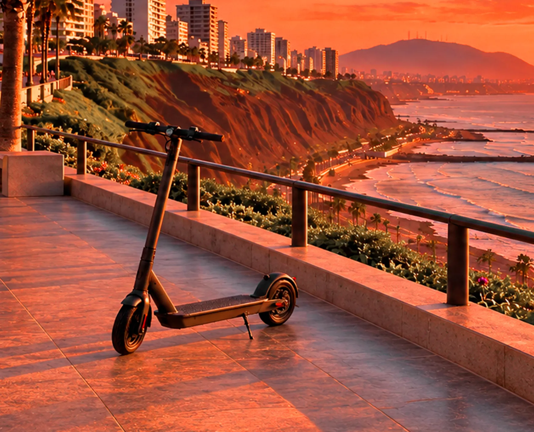 Scooter eléctrico de TerraNova en un mirador con vista a la costa al atardecer