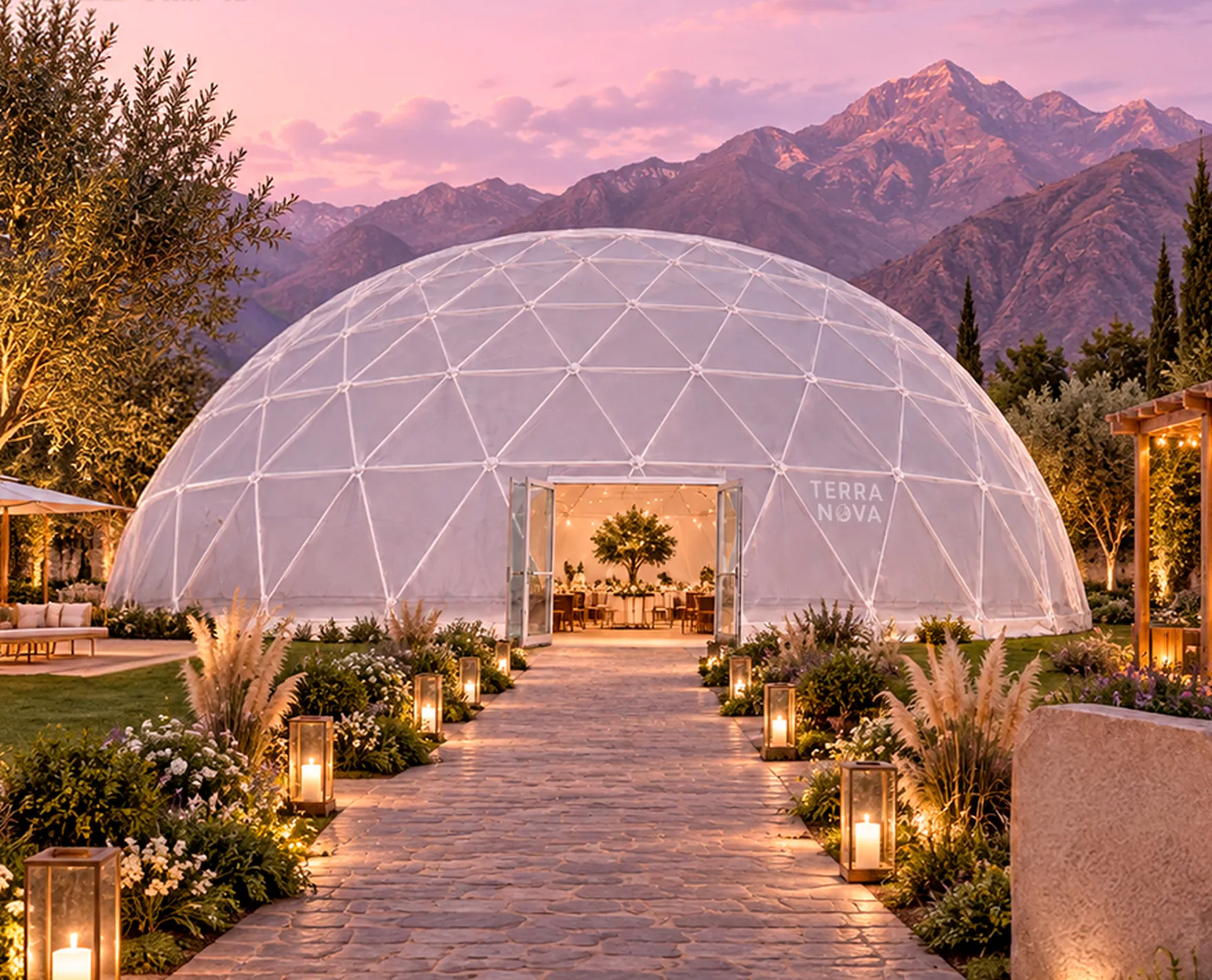 Domo TerraNova de 40 metros al final de un sendero iluminado entre vegetación