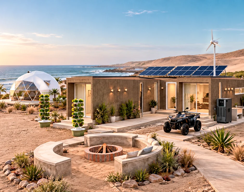 Vivienda sostenible con paneles solares, huerto vertical hidropónico y movilidad eléctrica al atardecer