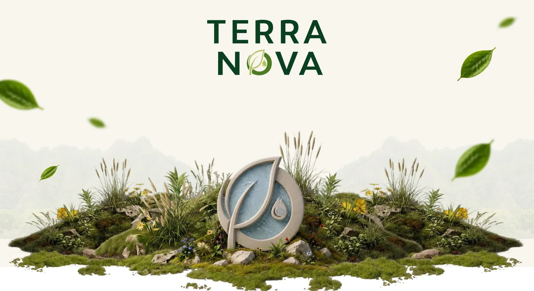 Escultura decorativa en forma de hoja con agua, rodeada de vegetación, sobre un fondo de montañas — imagen de marca TerraNova