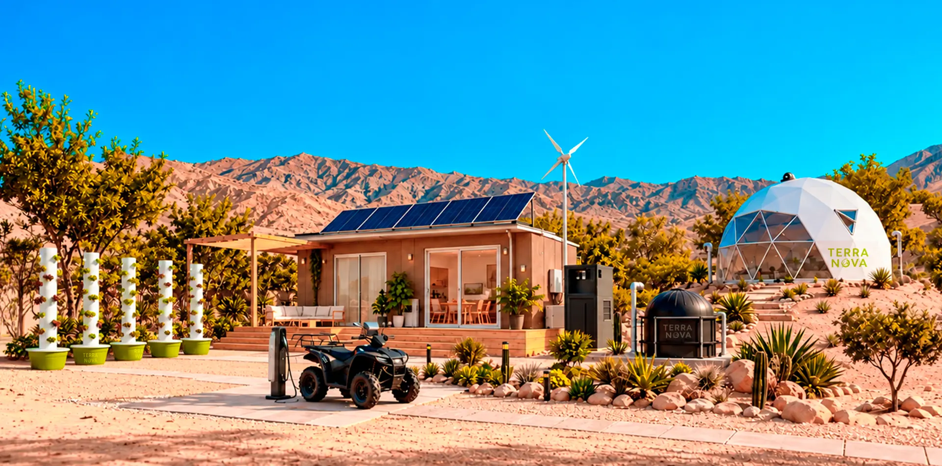 Vivienda autónoma de TerraNova en el desierto, con paneles solares, aerogenerador, biodigestor, torres de cultivo, cuadriciclo eléctrico y domo geodésico