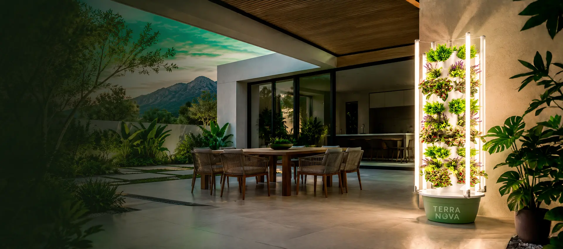 Interior con torre de cultivo hidropónico y vista a la ciudad