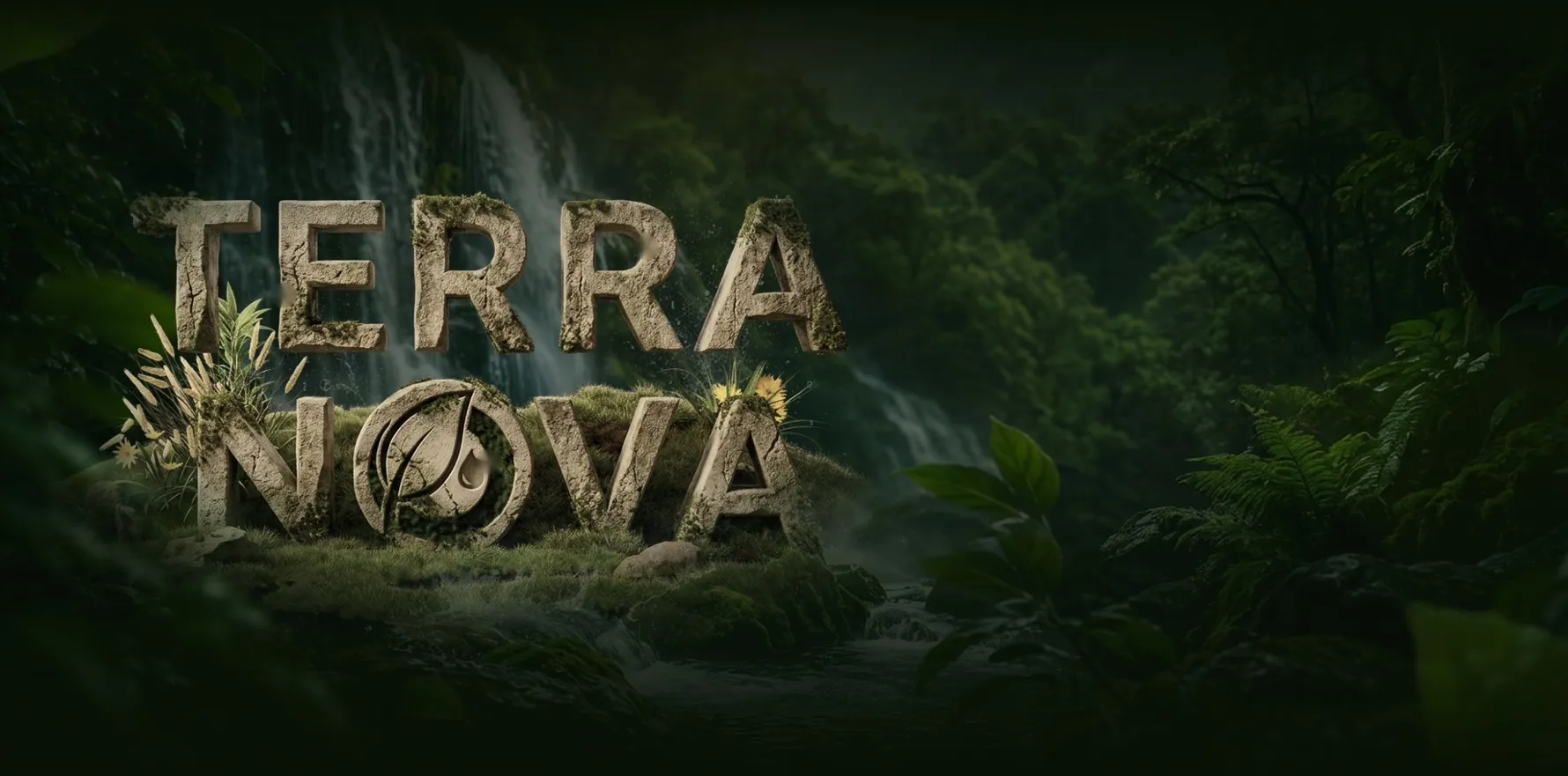 Letrero tridimensional "TERRANOVA" tallado en piedra y musgo frente a una cascada